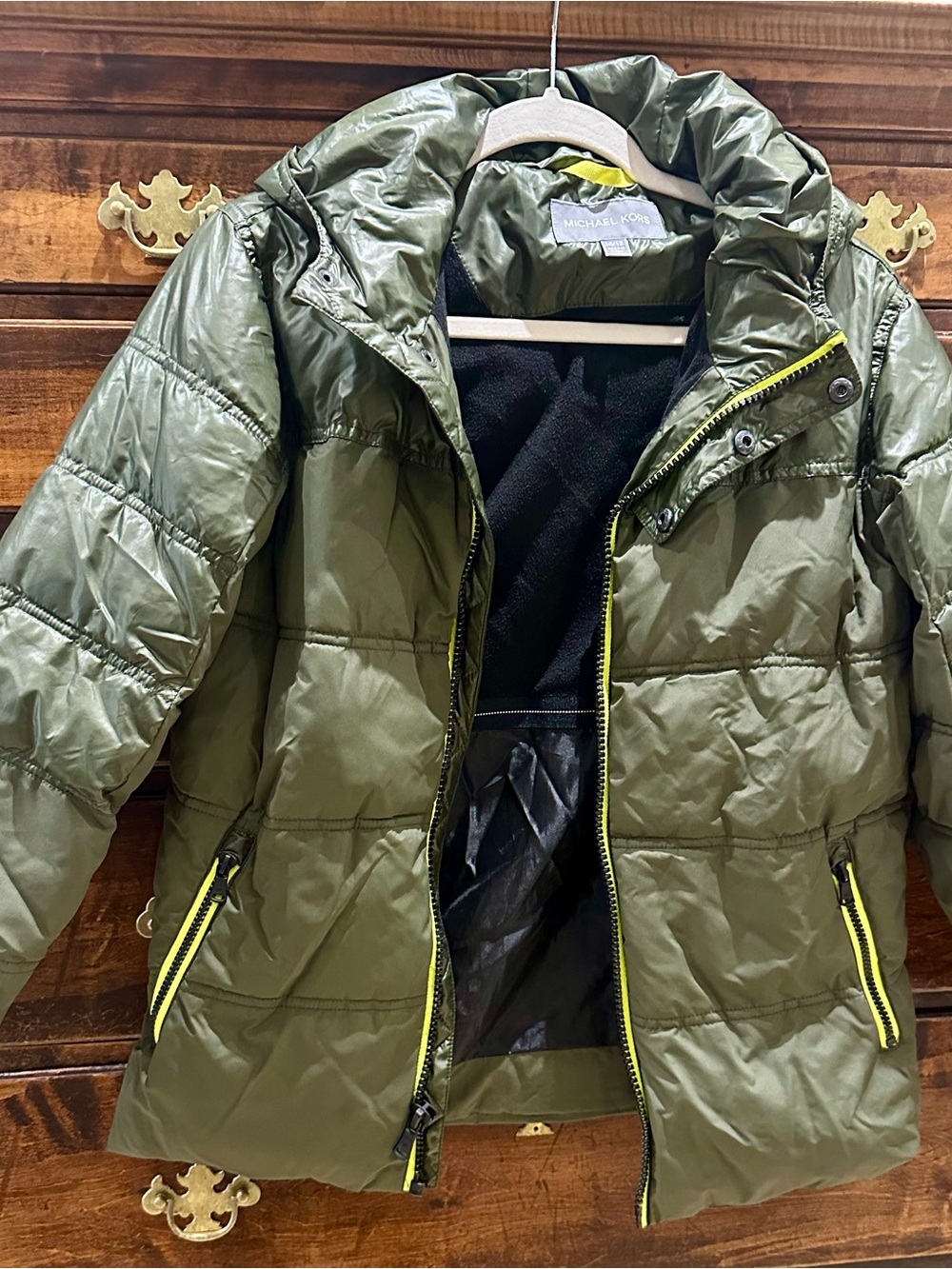 Michael Kors Kids Olive Green Puffer Jacket with Neon Yellow Trim